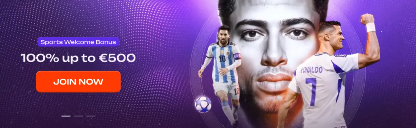 Hero-Banner mit Sport-Willkommensbonus, Fußballspielern und Call-to-Action für Online-Sportwetten